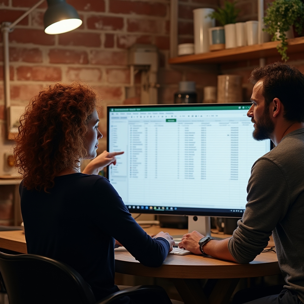 Two people looking at a Google Sheets spreadsheet on a monitor in a craft studio, pointing at inventory columns and discussing updates