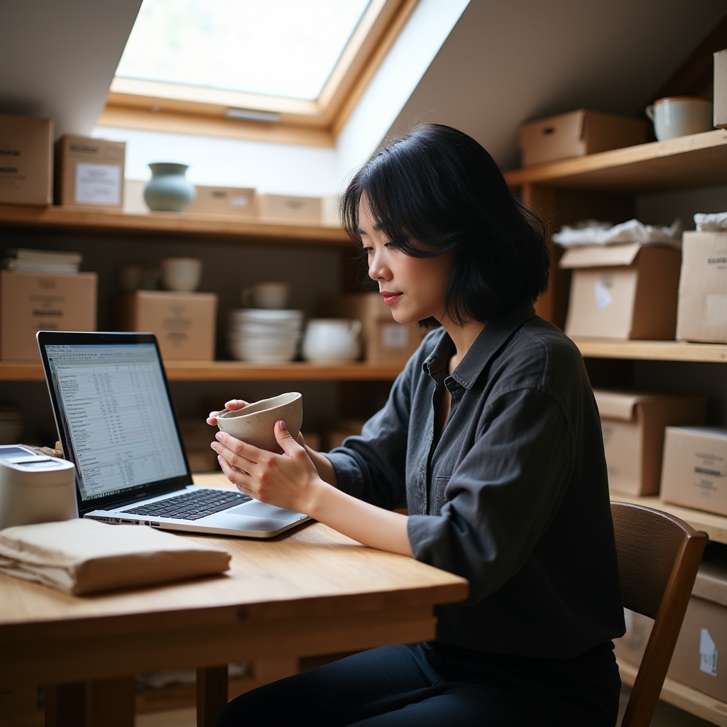 A solo maker in her early 30s working alone in a small organized studio, surrounded by handmade products, a laptop open to a spreadsheet, and shipping supplies on a wooden worktable