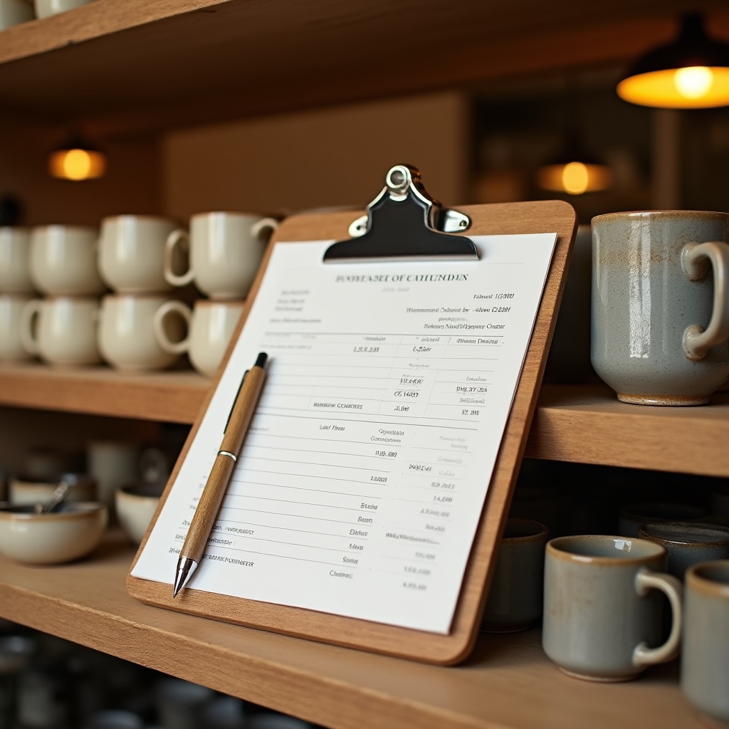 A purchase order form on a clipboard next to handmade ceramic mugs organized by size variant on a studio shelf, warm overhead lighting